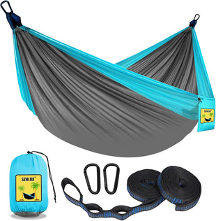 Camping Hammock Double & Single Portable Hammocks with 2 Tree Straps and Attached Carry Bag Great for Outdoor Indoor Beach Camping Light Grey / Sky Blue