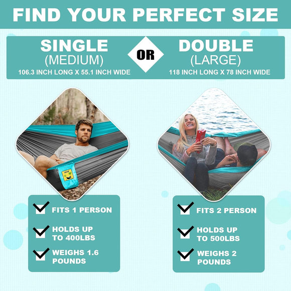 Camping Hammock Double & Single Portable Hammocks with 2 Tree Straps and Attached Carry Bag Great for Outdoor Indoor Beach Camping Light Grey / Sky Blue