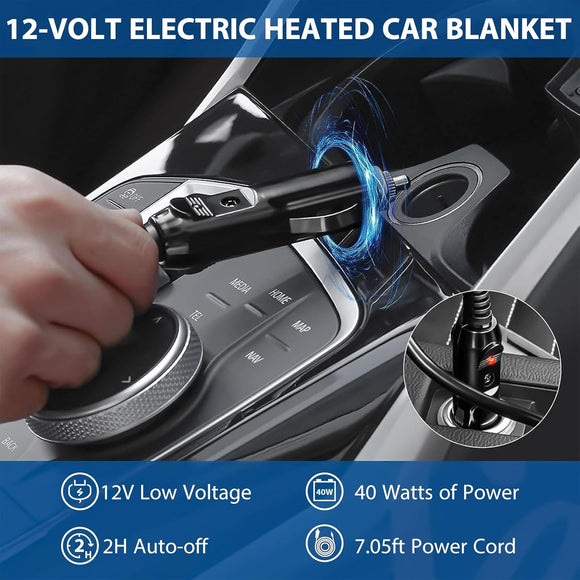 Car Heated Blanket - 12-Volt Portable Blanket for Car Truck SUV RV - Soft Flannel and Sherpa - Travel Size 59 x 43