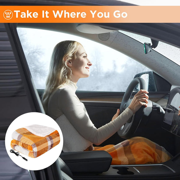 Heated Car Blanket with 3 Heating Levels 4 Hours Auto Off 12 Volt Electric Blanket for Car Truck SUV RV Machine Washable 59 x 43 (Orange Buffalo Plaid)