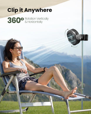 Portable Camping Fan with LED Lantern 360Rotation and Clip on for Desk 4000mAh USB Rechargeable Battery Powered Digital Display and Hanging Hook for Tent Outdoor Travel Bedroom Black