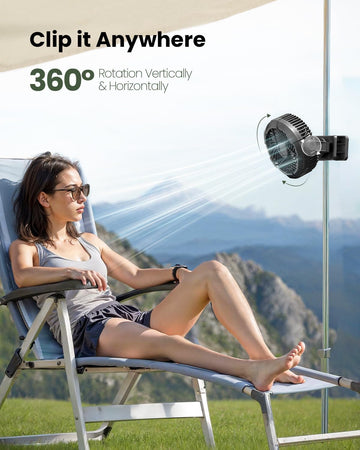 Portable Camping Fan with LED Lantern 360Rotation and Clip on for Desk 4000mAh USB Rechargeable Battery Powered Digital Display and Hanging Hook for Tent Outdoor Travel Bedroom Black - 0