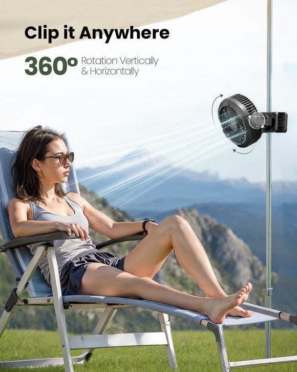 Portable Camping Fan with LED Lantern 360Rotation and Clip on for Desk 4000mAh USB Rechargeable Battery Powered Digital Display and Hanging Hook for Tent Outdoor Travel Bedroom Black