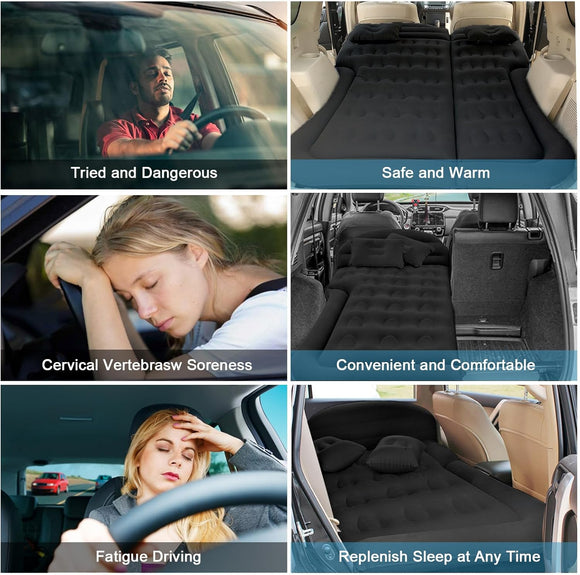 Car Bed SUV Air Mattress Car Air Mattress with Home Power Adapter Electric Pump 2 Inflatable Pillows and 2 Footrests for Back Seat Side Seat Trunk Sleeping Thickened Camping Bed - Black