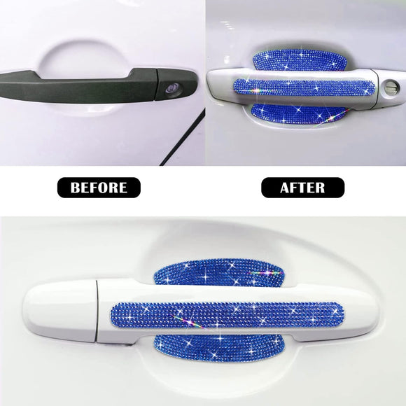 8pcs Bling Car Door Handle Protector Stickers Crystal Rhinestone Glitter Car Door Handles Cup Scratch Protectors Decals Universal (Blue)
