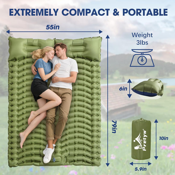Double Sleeping Pad for Camping - Ultralight Camping Mattress with Pillow Built-in Foot Pump Compact Inflatable 2-Person Portable Mat for Backpacking Hiking Car Traveling Beach Tent