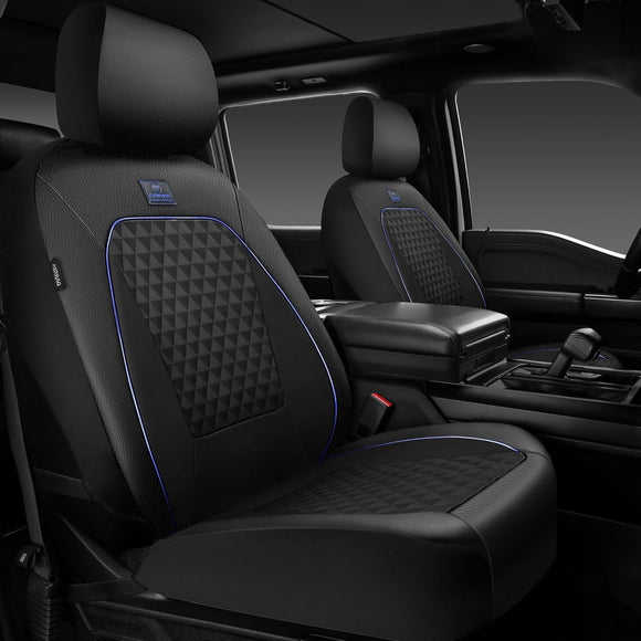 Leather Car Seat Covers Gel Wetsuit PU Front Seat Cover Waterproof EVA 2pcs All Weather Neoprene Universal Fit Pickup SUV Truck Sedan Automotive Armrest Airbag Compatible Rhombic Blue Strip