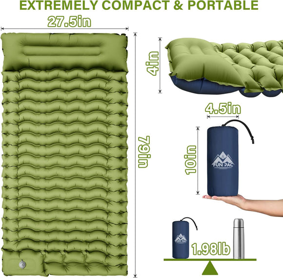 Camping Sleeping Pad Ultralight Camping Mat with Pillow Built-in Foot Pump Inflatable Sleeping Pads Compact for Camping Backpacking Hiking Traveling Tent Single Green.