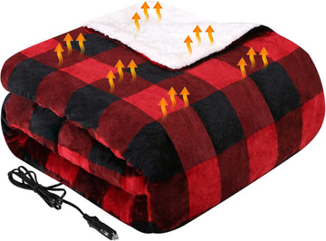 Heated Car Blanket with 3 Heating Levels 4 Hours Auto Off 12 Volt Electric Blanket for Car Truck SUV RV Machine Washable 59 x 43 (Red Buffalo Plaid)