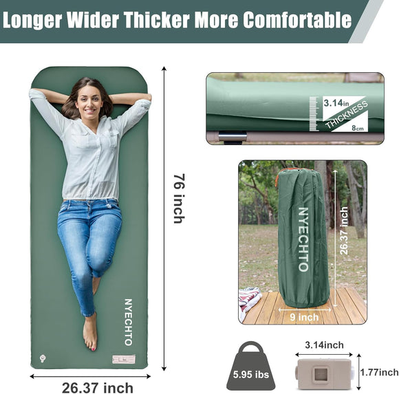 Self Inflating Sleeping Pad with Electric Pump 3.14 Ultra-Thick Memory Foam Sleeping Mats for Camping Easy Inflate&Deflate 9.5 R-Value Insulated Camping Mattress Pad with Pillow for Car Travel Tent