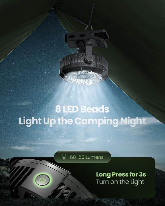 Portable Camping Fan with LED Lantern 360Rotation and Clip on for Desk 4000mAh USB Rechargeable Battery Powered Digital Display and Hanging Hook for Tent Outdoor Travel Bedroom Black