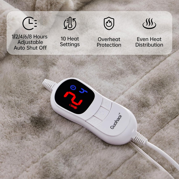Heated Electric Blanket Throw Soft Faux Rabbit Fur Heating Blanket with 10 Heating Levels 5 Sitting Timer Auto Off 5060 Throw Light Grey Cozy Fast Heating Warm Blanket