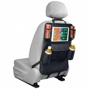 Car Backseat Organizer with Touch Screen Tablet Holder 9 Storage Pockets Protectors Kick Mats Travel Accessories for Kids-Black