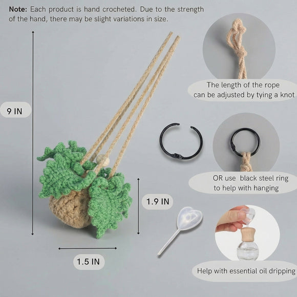 Handmade Crochet Car Air Freshener - Adorable Bendable Fern Plant with 8ml Empty Refillable Oil Diffuser Bottle Suitable for Car Rearview Mirror Hanging Home & Office Decor