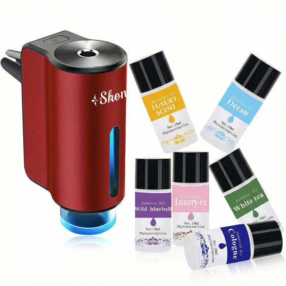 Car Air Freshener Diffuser Smart Aromatherapy Air Outlet Clip Long-Lasting Atomizer Rechargeable With 6pcs Aromatherapy Oil Red (6 Scents)