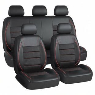 Universal FIT Piping Leather Car Seat Cover for suvs Van Trucks Airbag Compatible Inside Zipper Design and Reserved Opening Holes (Full Set Black and Red)
