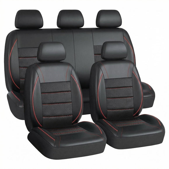 Universal FIT Piping Leather Car Seat Cover for suvs Van Trucks Airbag Compatible Inside Zipper Design and Reserved Opening Holes (Full Set Black and Red)