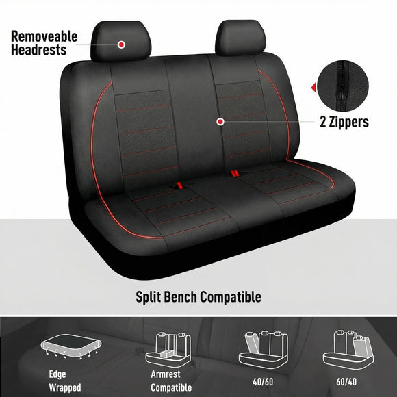 Leather Back Seat Cover Piping Waterproof Bench Seat Cover Rear Seat Cover Universal Fit for Cars Sedans SUVs Truck 95% Automotive Interior Backseat Car Covers (Rear Black and Red)