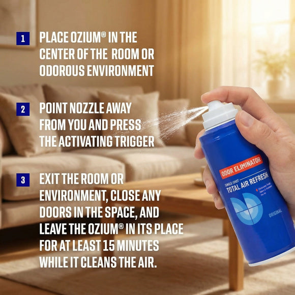 OZIUM Air Freshener Odor Eliminator 2oz Single Shot Total Air Refresh & Car Air Freshener Carbon Black 4 Pack