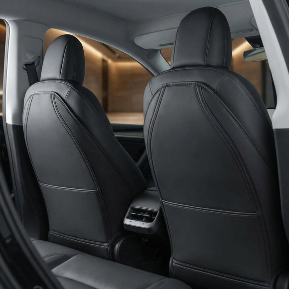 Leather Seat Back Protector Designed for Tesla Model Y Model 3 Model S/X Accessories(Includes 2025 New Model Y & 2024-2025 Model 3 Highland) Wear-Resistant Kick Mats with Organizer Pocket Set of 2