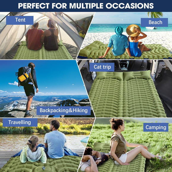 Double Sleeping Pad for Camping - Ultralight Camping Mattress with Pillow Built-in Foot Pump Compact Inflatable 2-Person Portable Mat for Backpacking Hiking Car Traveling Beach Tent