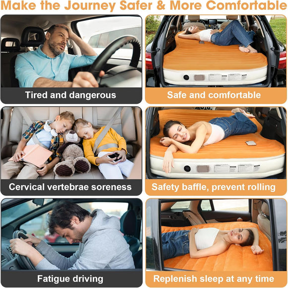 SUV Air Mattress with Built-in Pump & 2 Pillows Thickened Flocked PVC Quick 90-Seconds Inflation Air Bed Portable & Durable Car Air Bed for Camping Travel Truck