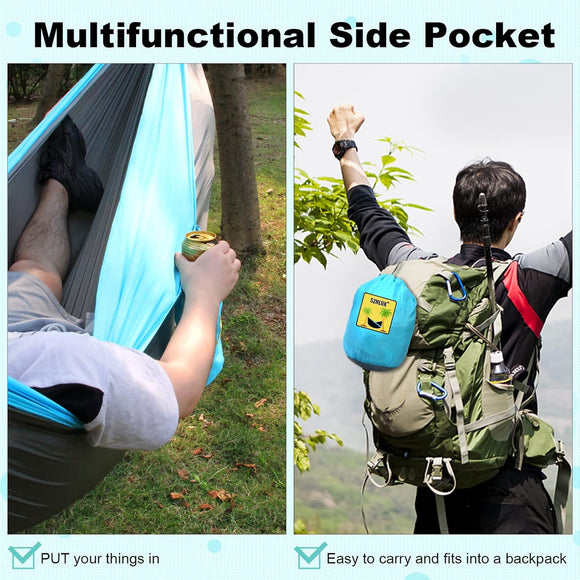 Camping Hammock Double & Single Portable Hammocks with 2 Tree Straps and Attached Carry Bag Great for Outdoor Indoor Beach Camping Light Grey / Sky Blue