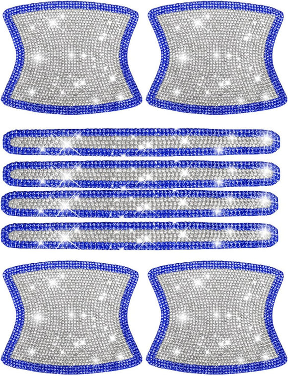 8pcs Bling Car Door Handle Protector Stickers Crystal Rhinestone Glitter Car Door Handles Cup Scratch Protectors Decals Universal (White & Blue)