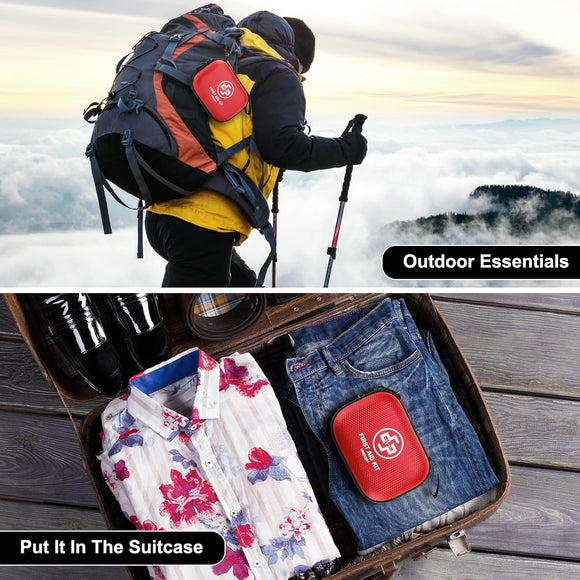 Mini First Aid Kit - 150 Piece Small Waterproof Hard Shell Medical Kit for Home Car Travel Camping Truck Hiking Sports Office Vehicle & Outdoor Emergencies- Small First Aid Medical Kit (Red)