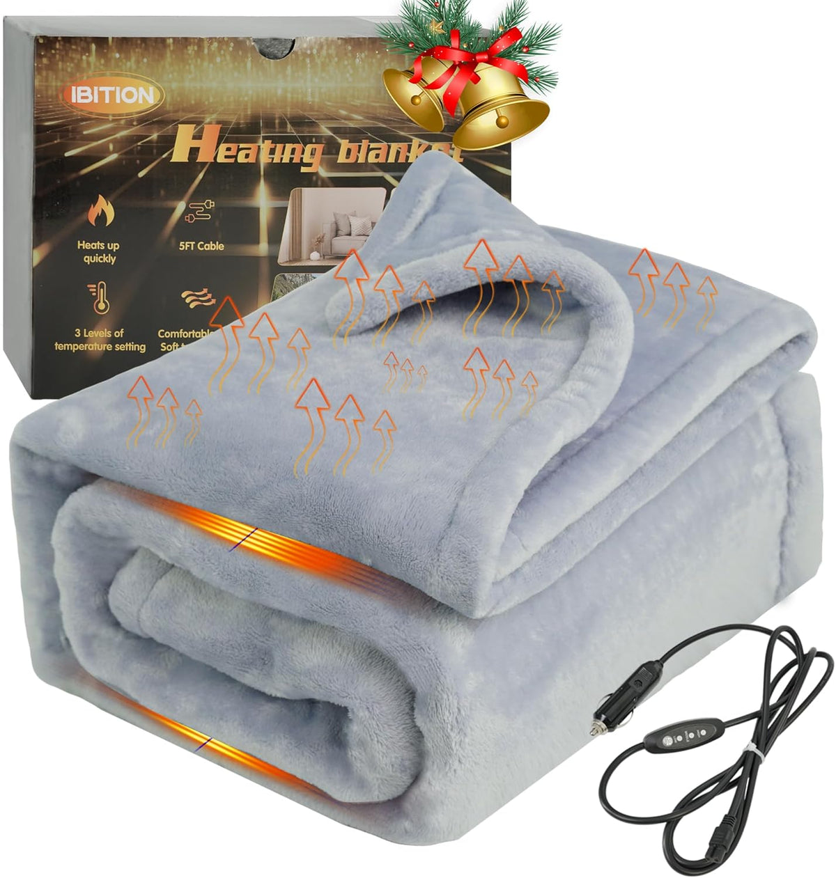 12V Heated Blanket for car Machine Washable Car Electric Blanket Heated Travel Blanket Plug in Flannel Heating Throw for Car Truck SUV Van 40x55 with Controller 3 Heating Level