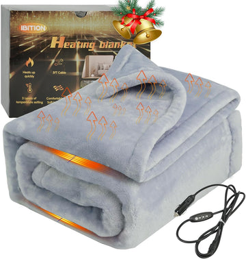 12V Heated Blanket for car Machine Washable Car Electric Blanket Heated Travel Blanket Plug in Flannel Heating Throw for Car Truck SUV Van 40x55 with Controller 3 Heating Level