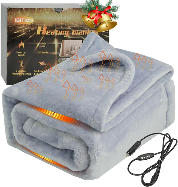 12V Heated Blanket for car Machine Washable Car Electric Blanket Heated Travel Blanket Plug in Flannel Heating Throw for Car Truck SUV Van 40x55 with Controller 3 Heating Level
