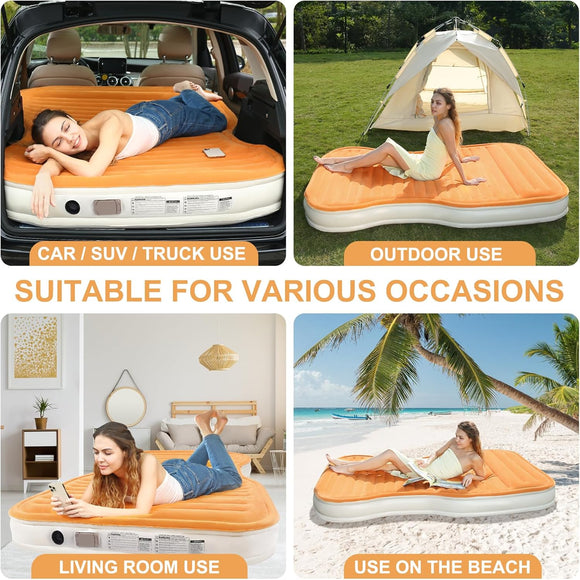SUV Air Mattress with Built-in Pump & 2 Pillows Thickened Flocked PVC Quick 90-Seconds Inflation Air Bed Portable & Durable Car Air Bed for Camping Travel Truck