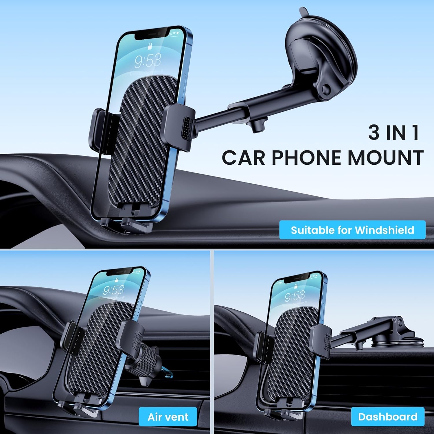 Car Phone Holder Mount Phone Mount for Car Windshield Dashboard Air Vent Universal Hands Free Automobile Cell Phone Holder Fit for iPhone Smartphone Carbon Fiber
