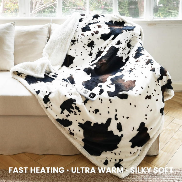 Cow Print Heated Throw Blanket Electric Blanket-Heating Blanket Throw with 10 Heat Levels & 10 Hours Auto Off Cozy Soft Fleece Sherpa Washable 50 x 60 Inches Cow Print White