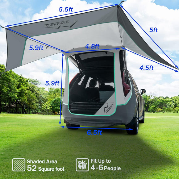 SUV Tailgate Tent with Poles &Three Sides Awning Shade & Transmittance Mosquito Net Hatchback Camping Sunproof Car Tenting Universal SUV Windproof Camping Gear Tent Outdoor Travel