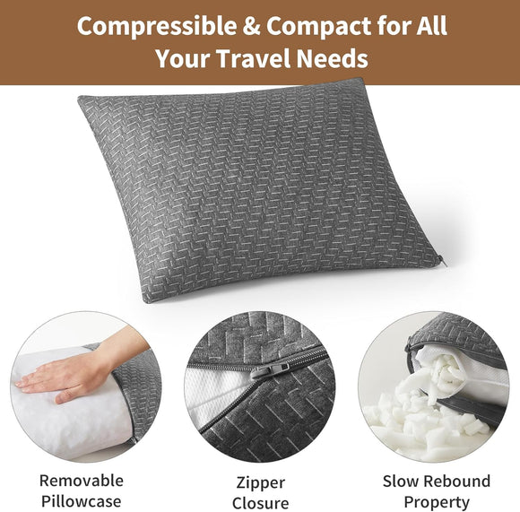 Camping Pillow Travel Pillow Small Shredded Memory Foam Pillow - Compressible Medium Firm Breathable Cover Ideal Backpacking Hiking Airplane and Car