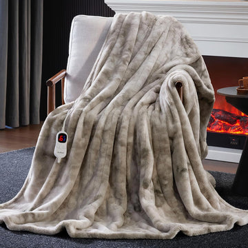 Heated Electric Blanket Throw Soft Faux Rabbit Fur Heating Blanket with 10 Heating Levels 5 Sitting Timer Auto Off 5060 Throw Light Grey Cozy Fast Heating Warm Blanket