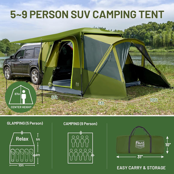5-9 Person SUV Tent with Screen Porch and Awning for Family Camping Weather Resistant and Portable Van or Car Tent Includes Rainfly and Storage Bag 13 W X 10 L X 7.1 H Green