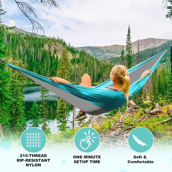 Camping Hammock Double & Single Portable Hammocks with 2 Tree Straps and Attached Carry Bag Great for Outdoor Indoor Beach Camping Light Grey / Sky Blue