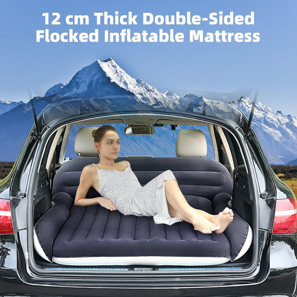 SUV Air Mattress with 2 Pillows Thickened and Flocked Car Bed Portable Travel Pad for Camping & Road Trips Quick Inflate & Deflate with External Pump Blue-Black and Cool Gray