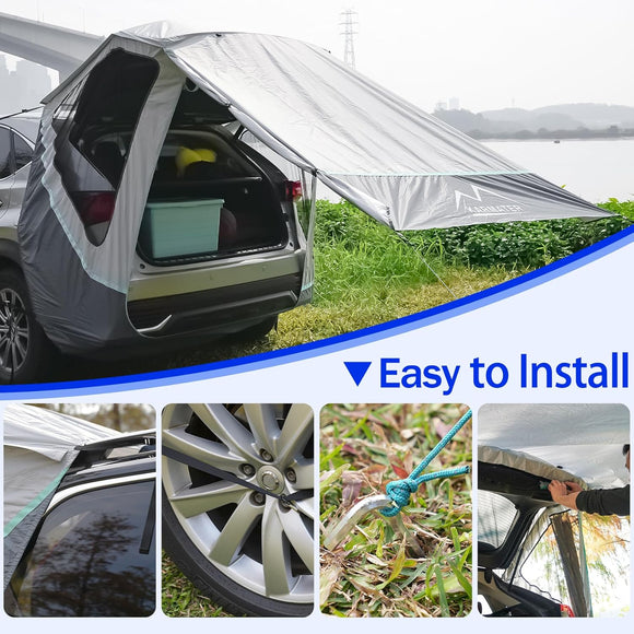 SUV Tailgate Tent with Poles &Three Sides Awning Shade & Transmittance Mosquito Net Hatchback Camping Sunproof Car Tenting Universal SUV Windproof Camping Gear Tent Outdoor Travel