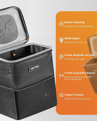 Car Trash Can with Lid and Storage Pockets - 100% Leak-Proof Organizer Waterproof Garbage Can Multipurpose Trash Bin for Car 2 Gallons Black