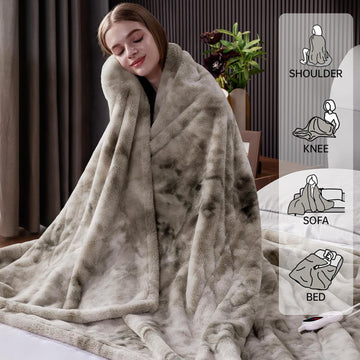 Heated Electric Blanket Throw Soft Faux Rabbit Fur Heating Blanket with 10 Heating Levels 5 Sitting Timer Auto Off 5060 Throw Light Grey Cozy Fast Heating Warm Blanket - 0