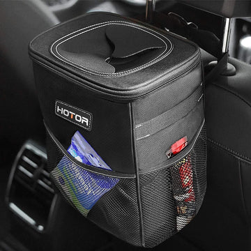 Car Trash Can with Lid and Storage Pockets - 100% Leak-Proof Organizer Waterproof Garbage Can Multipurpose Trash Bin for Car 2 Gallons Black