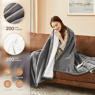 Heated Blanket Electric Throw - 50x60 Heating Blanket Throw 1/2/4/6/8 Hours Auto-Off 10 Heat Level Over-Heat Protection Flannel Sherpa ETL Certification