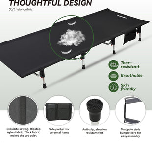 Lightweight Folding Tent Camping Cot Bed with Lever Lock Easy Setup Portable Compact for Outdoor Travel Hunting Hiking Motorcycling Support 330Lbs (Black)