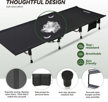 Lightweight Folding Tent Camping Cot Bed with Lever Lock Easy Setup Portable Compact for Outdoor Travel Hunting Hiking Motorcycling Support 330Lbs (Black) - 0