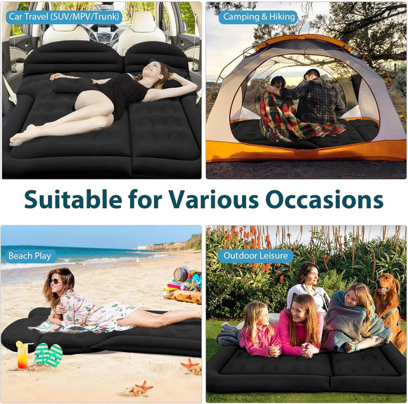 Car Bed SUV Air Mattress Car Air Mattress with Home Power Adapter Electric Pump 2 Inflatable Pillows and 2 Footrests for Back Seat Side Seat Trunk Sleeping Thickened Camping Bed - Black