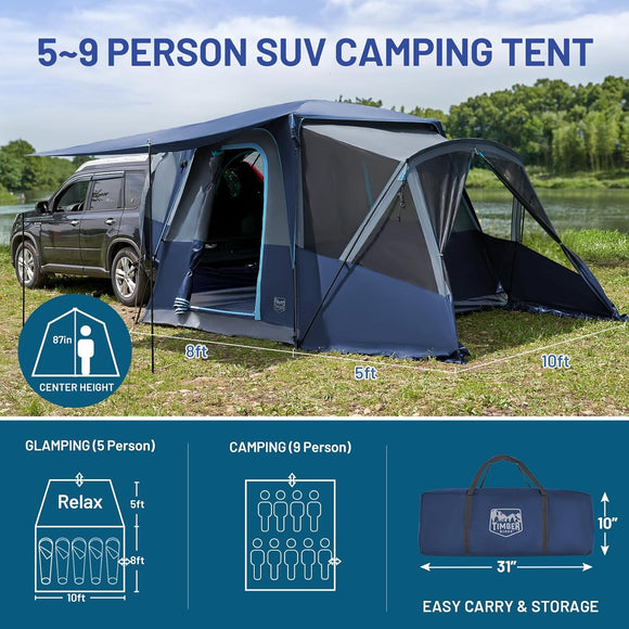 5-9 Person SUV Tent with Screen Porch and Awning for Family Camping Weather Resistant and Portable Van or Car Tent Includes Rainfly and Storage Bag 13 W X 10 L X 7.1 H Blue
